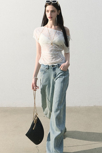 Pantaloni vintage in cotone effetto consumato a gamba larga