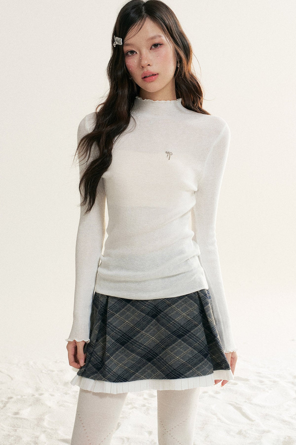 Ruffled Half-Turtleneck Long-Sleeve Base Layer Top