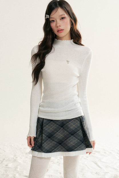 Ruffled Half-Turtleneck Long-Sleeve Base Layer Top