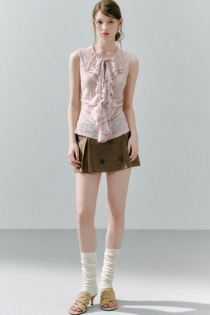 White Peach Wool Lace Ruffle Vest