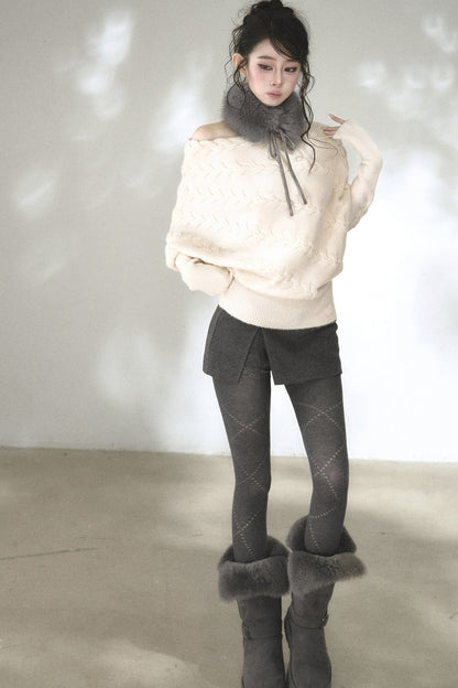 Diagonal Cable Knit Off-Shoulder Sweater