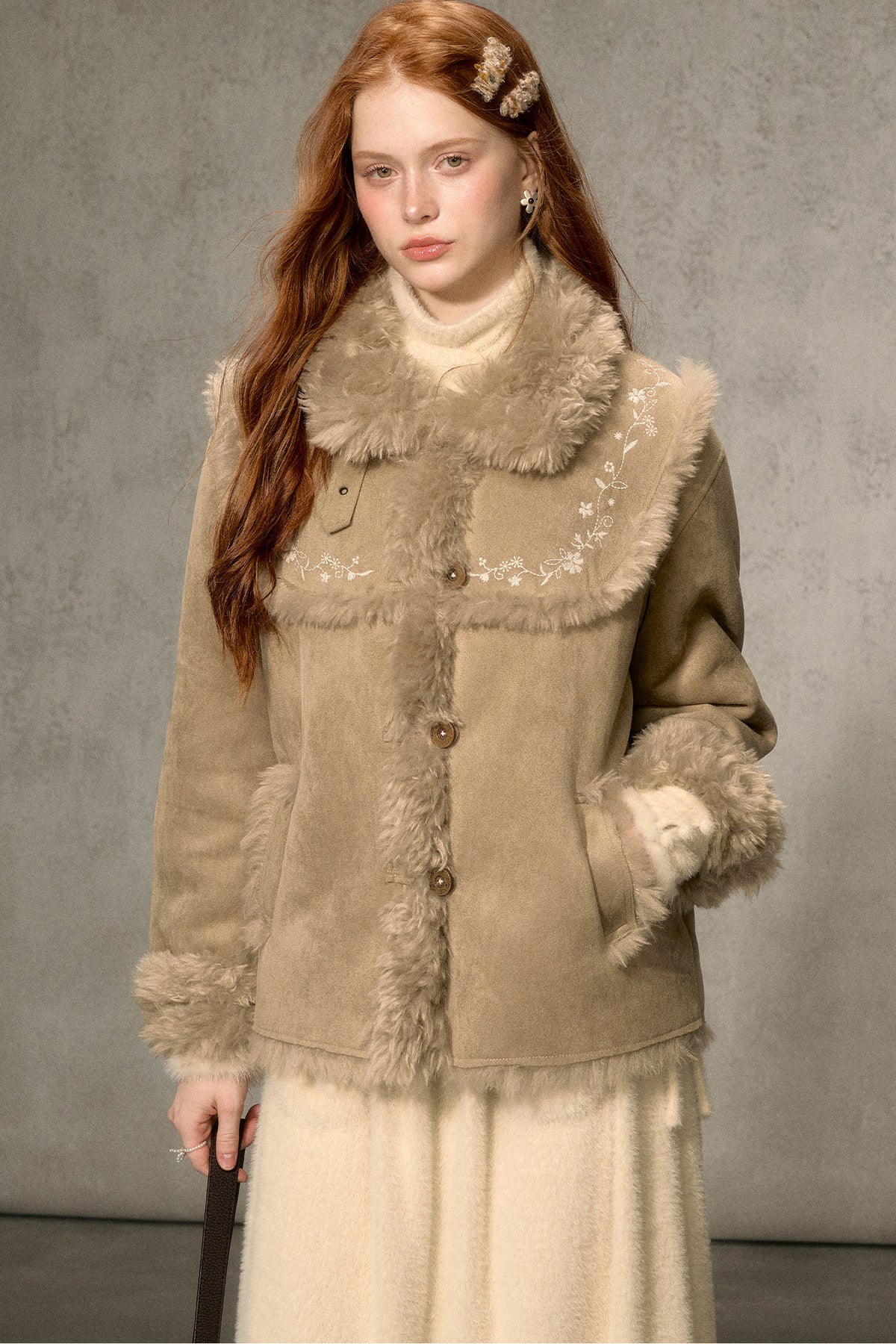 Embroidered Fur Collar Shearling Jacket
