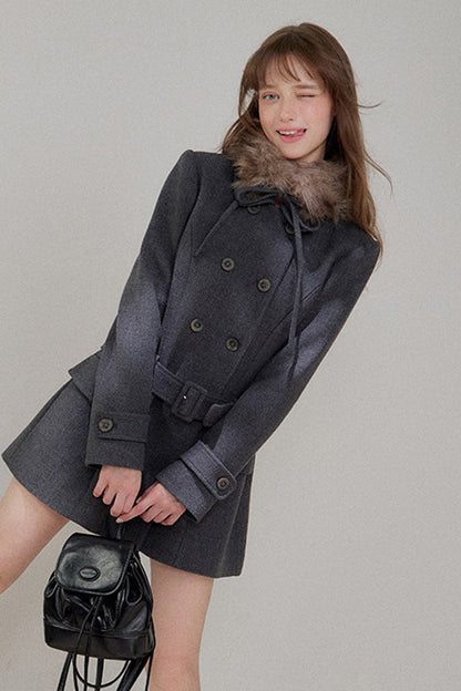 Double-Breasted Fur Collar Wool Coat