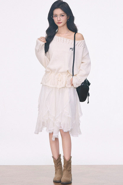 Off-Shoulder Lace-Up Sweater And Ruffled Skirt Set-Up