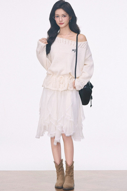 Off-Shoulder Lace-Up Sweater And Ruffled Skirt Set-Up