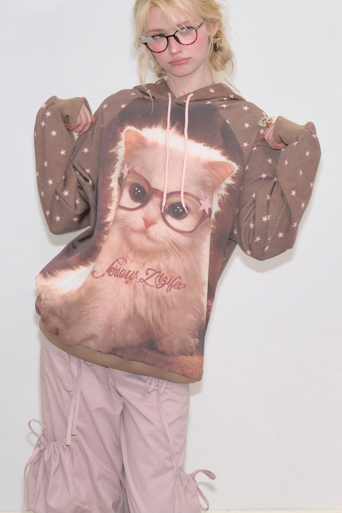 Brown Cat Star Polka Dot Hoodie
