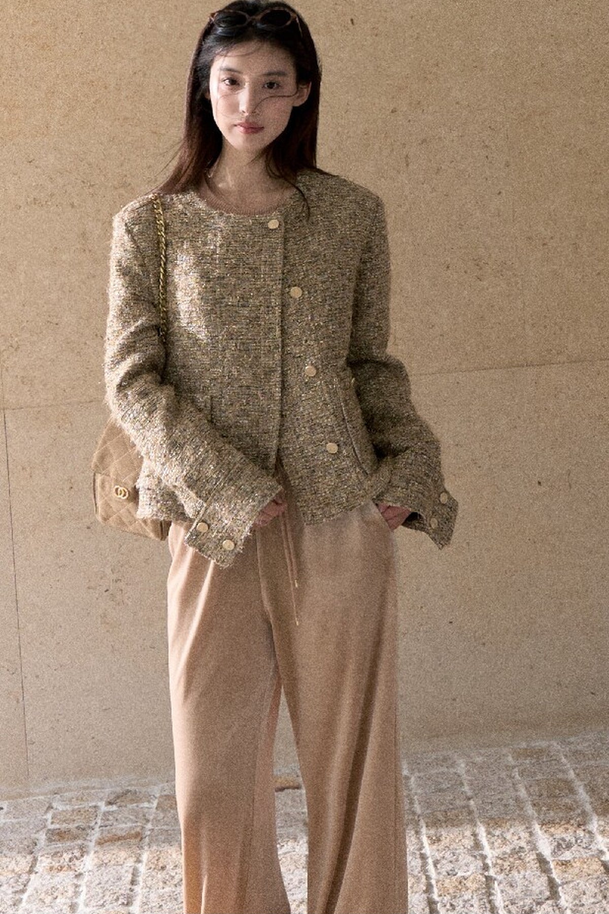Lace Knit Long-Sleeve Top and Drape Velvet Straight-Leg Pants Set-Up