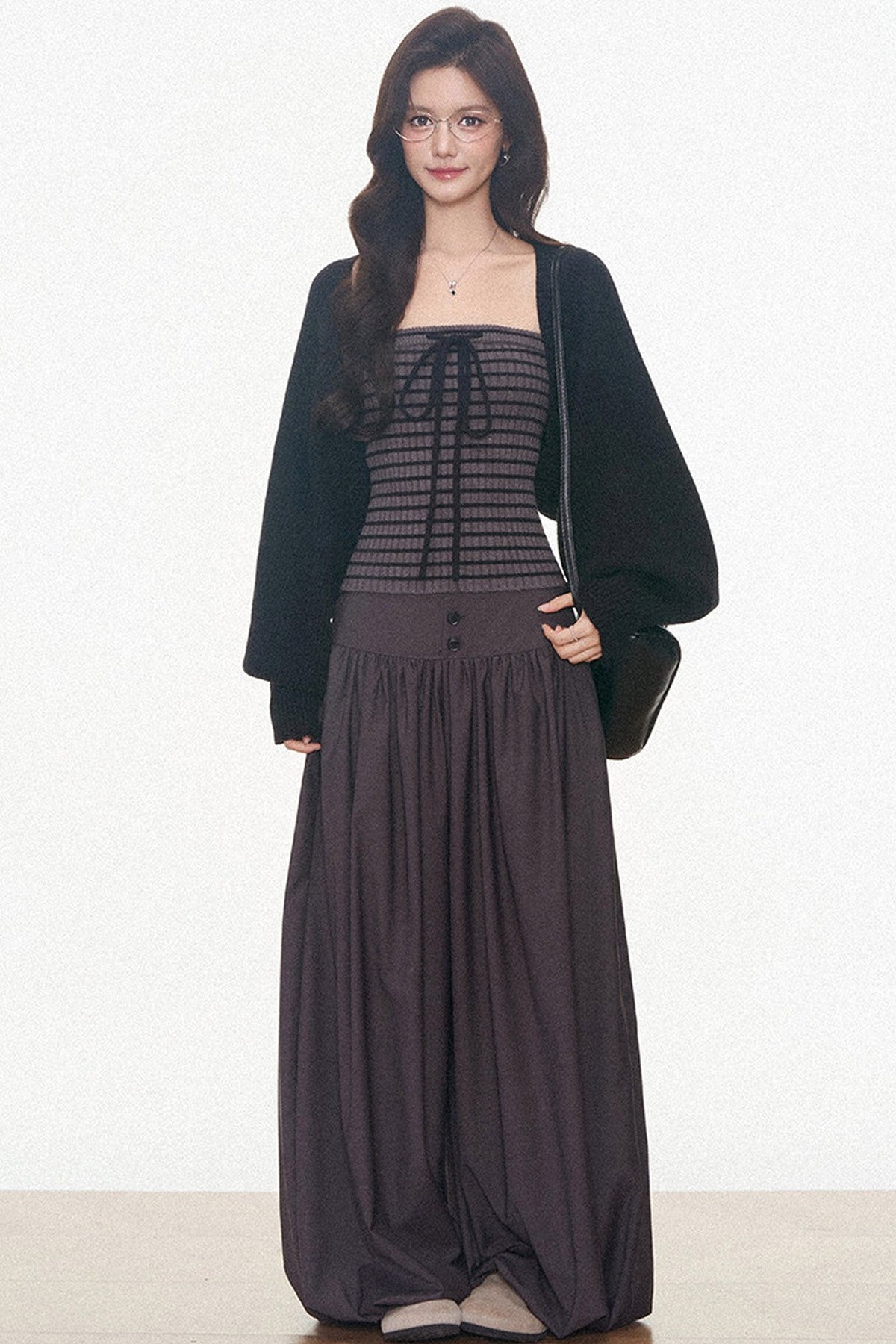 Knitted Cardigan and Tube Top and Lantern Pants Set-Up