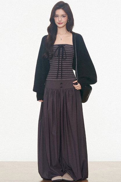 Knitted Cardigan and Tube Top and Lantern Pants Set-Up