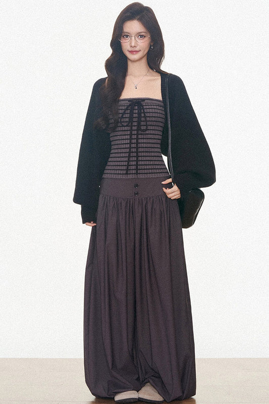 Knitted Cardigan and Tube Top and Lantern Pants Set-Up
