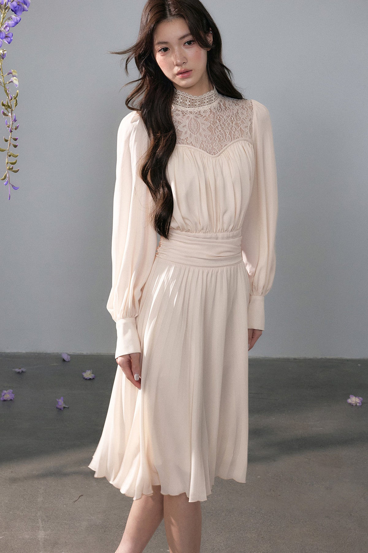 Pleated Lace Mid-Length Dress