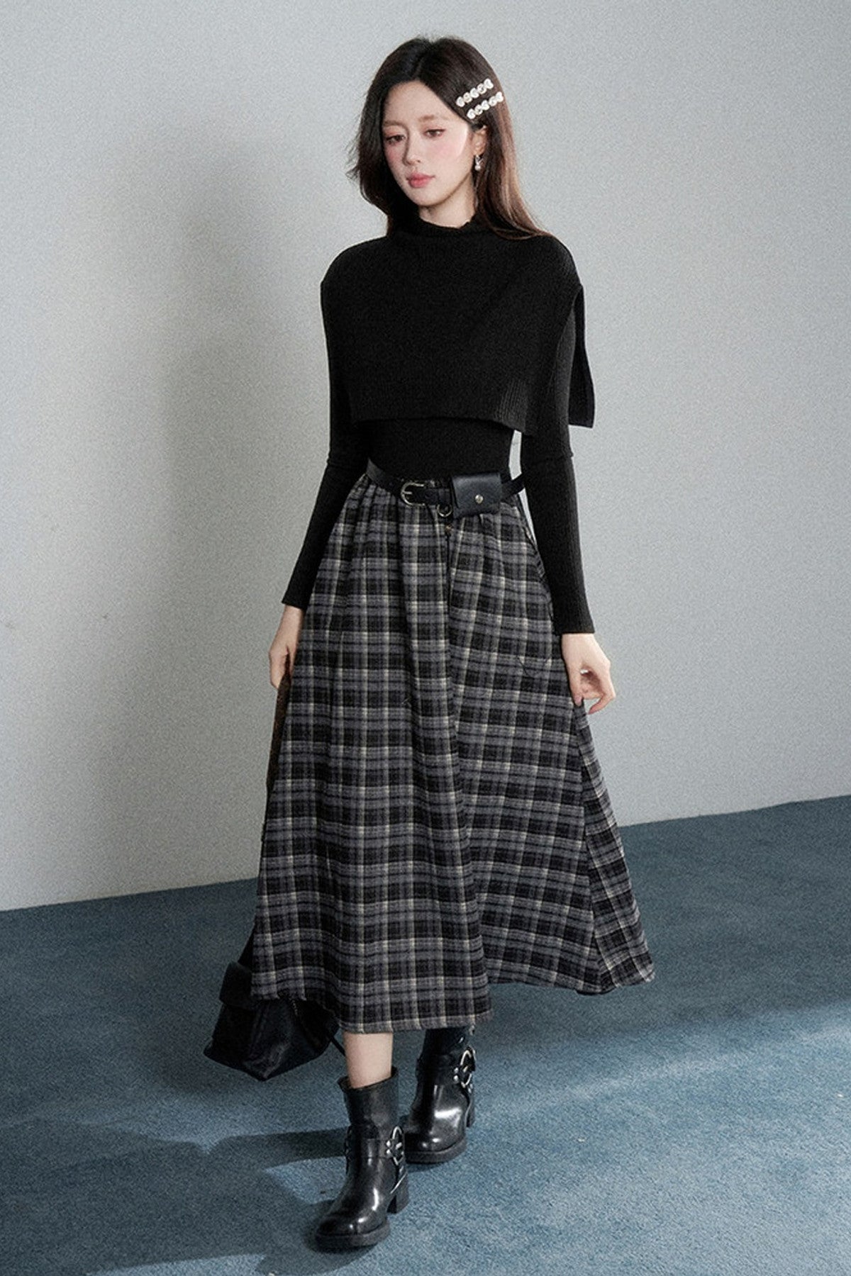 Black High-Neck Long-Sleeve Dress
