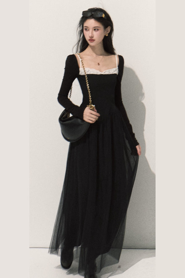 Lace-Trimmed Black Knit Dress