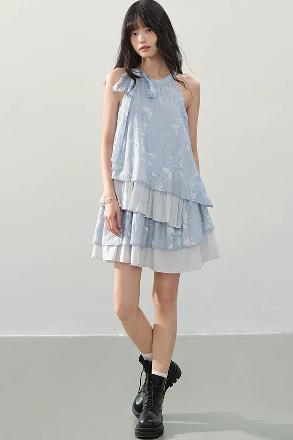 Blue Halter Print Tiered Dress
