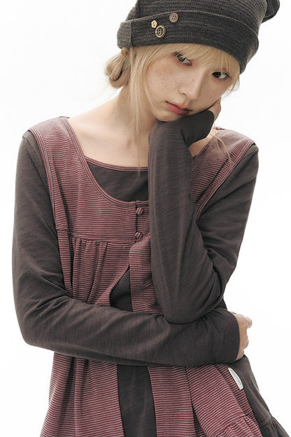 Striped Knit Patchwork Long-Sleeve Top