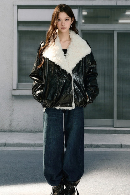 Fluffy Fur Collar Oil Wax Leather Parka