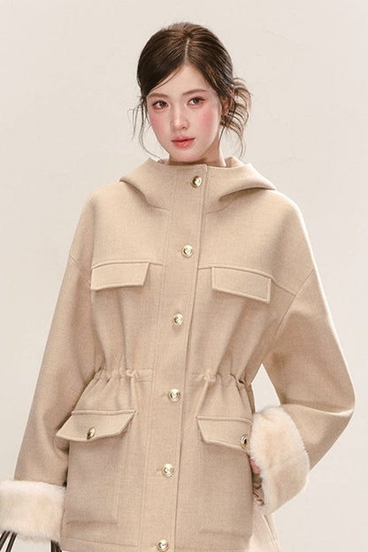 Multi-Pocket Hooded Woolen Parka Jacket