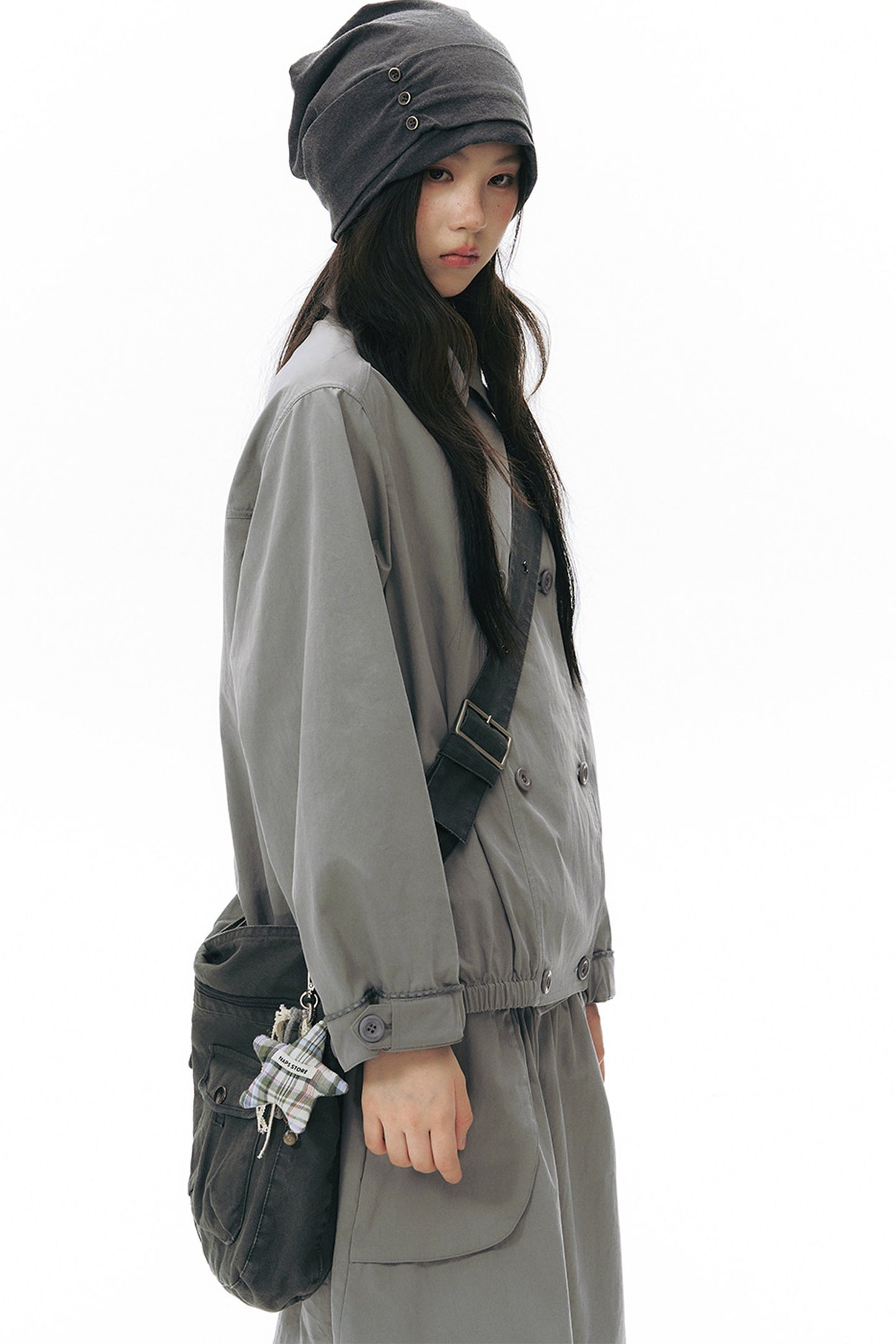 Side Seam Button Pleated Beanie Knit
