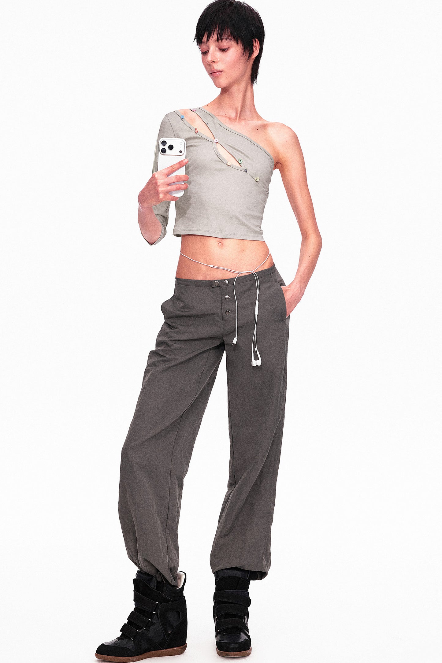 Asymmetrical Color-Button Off-Shoulder Top
