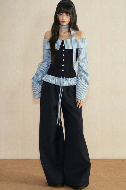 Ensemble haut tube rayé à épaules dénudées et manches longues avec pantalon à jambes larges