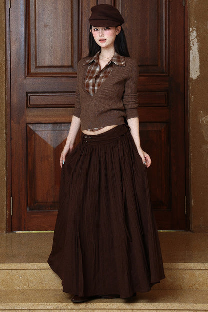 Double-Buckle Pleated Long Skirt