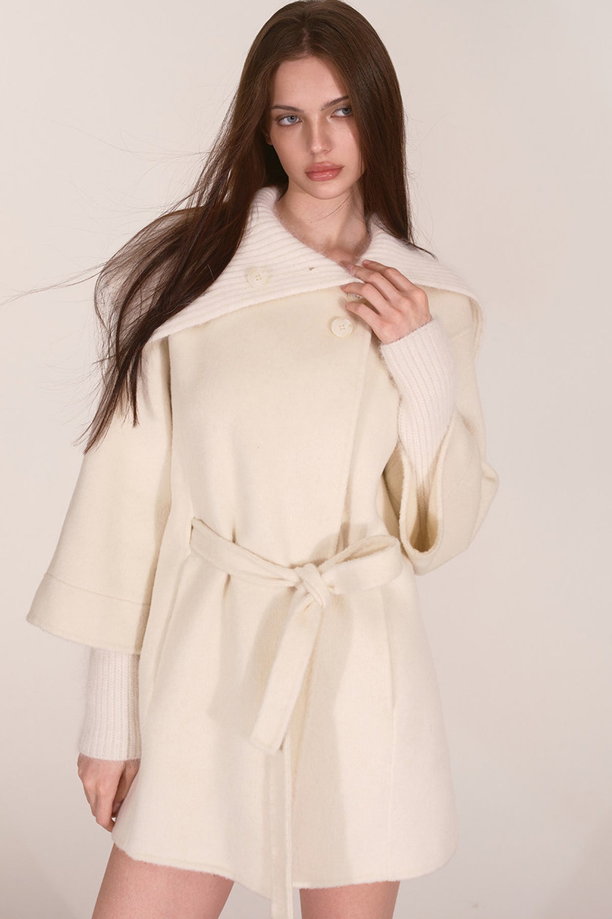 Asymmetrical Knit Collar Tie-Up Wool Coat