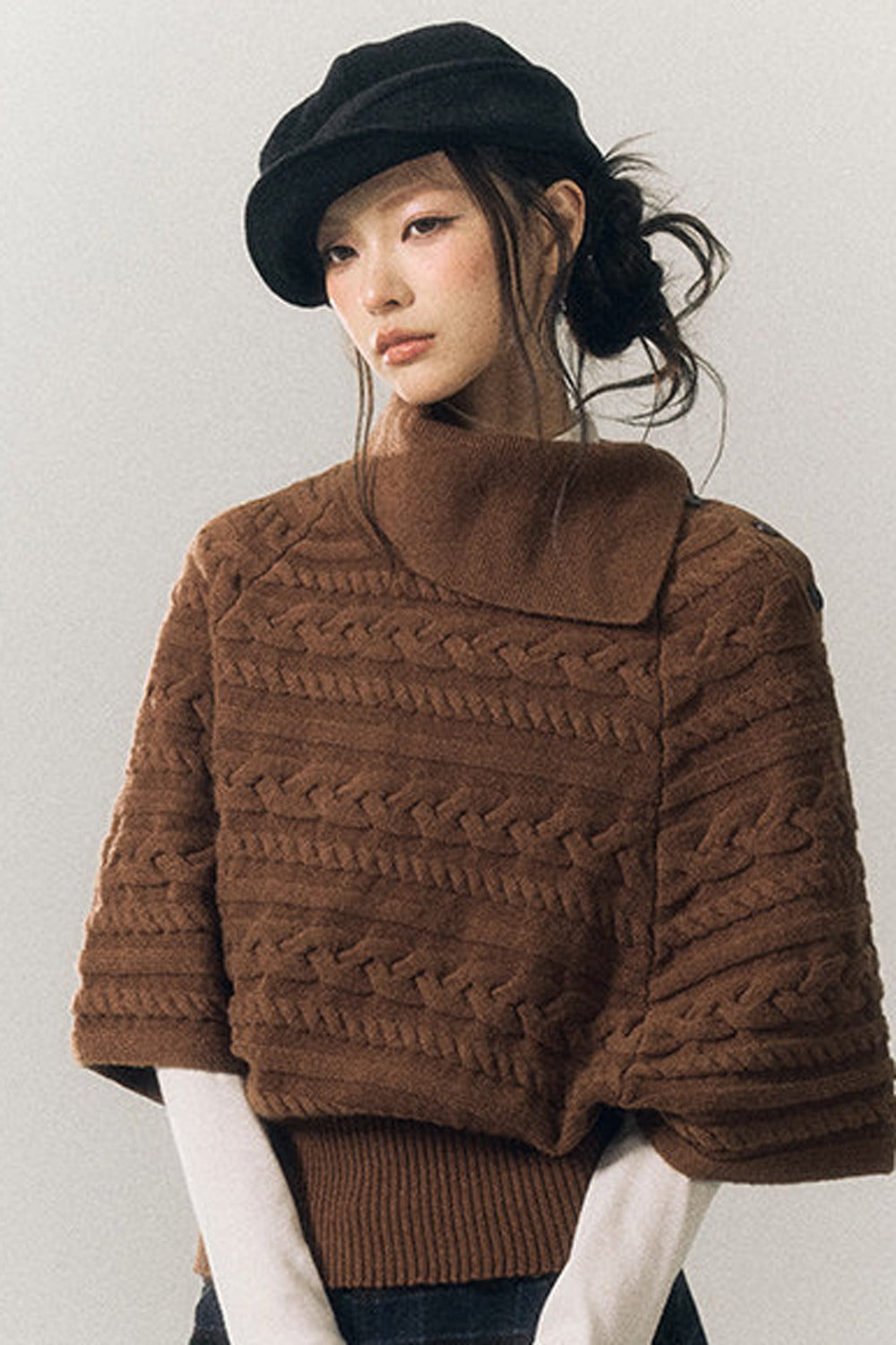 Cable Knit Lapel Cape Sweater