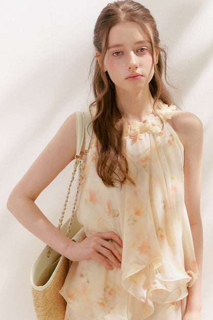 Chiffon Floral Halter Long Dress