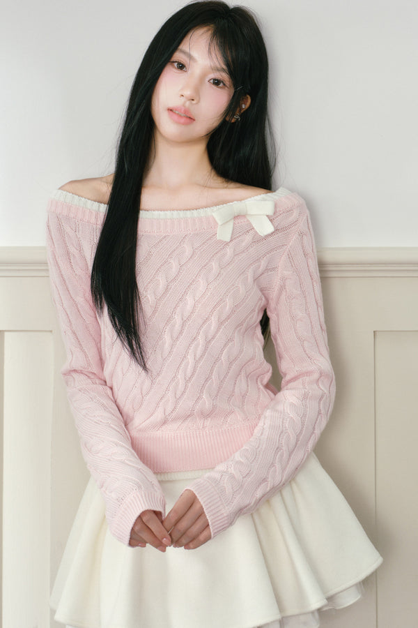 Pink Bow Cable Knit Sweater