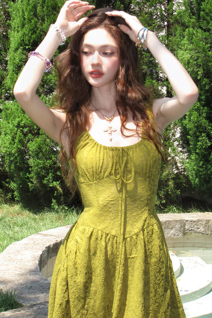 Moss Green Sleeveless Lace Dress