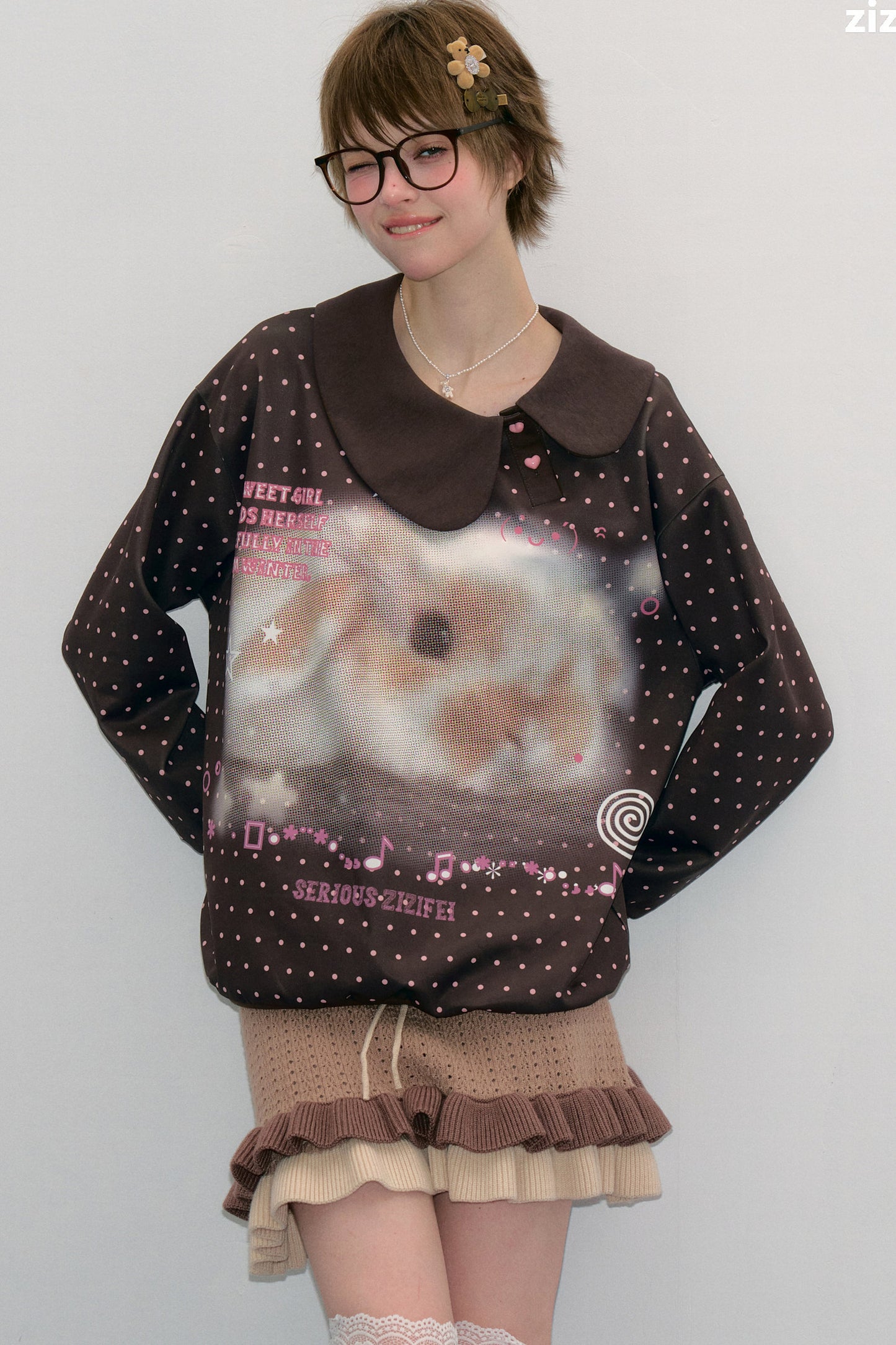 Polka Dot Rabbit Print Doll Collar Sweatshirt