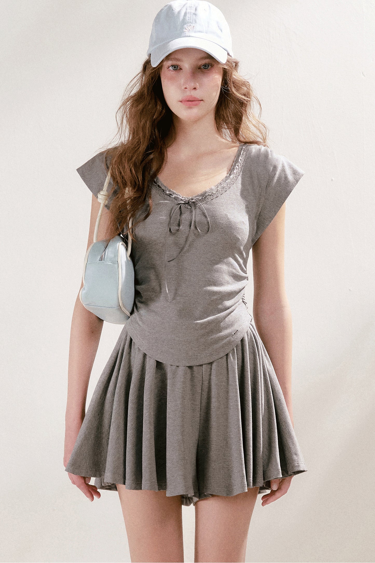 Lace Trim Tie-Up Top and High-Waisted Skirt Pants Set