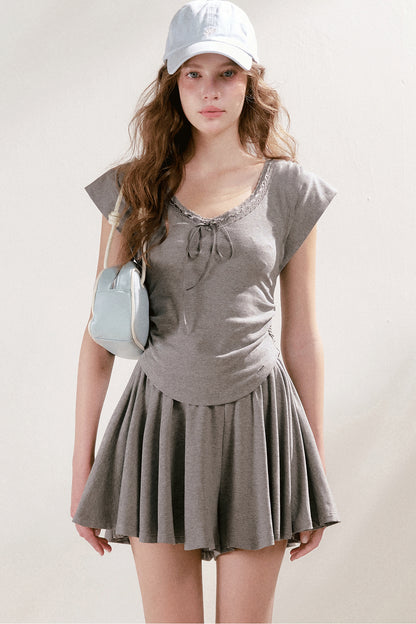 Lace Trim Tie-Up Top and High-Waisted Skirt Pants Set
