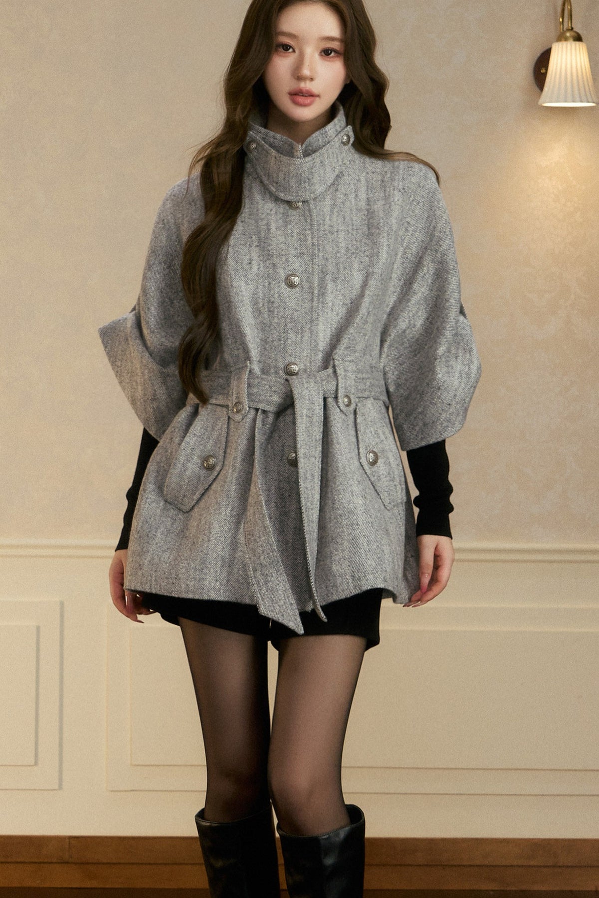 Stand Collar Batwing Wool Cape Jacket