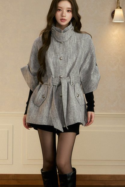 Stand Collar Batwing Wool Cape Jacket