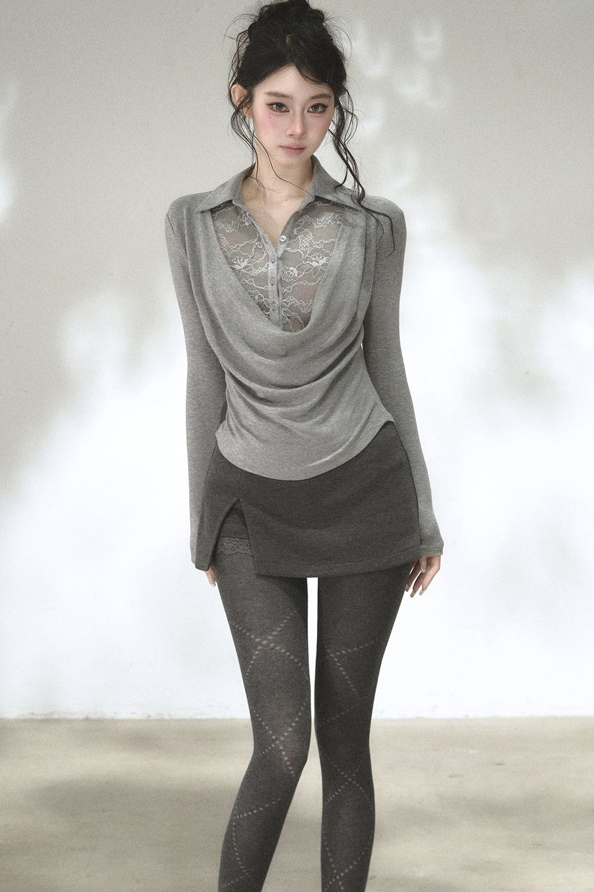Lace Drape Collar Long-Sleeve Knit Top