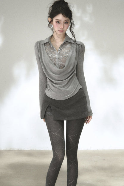 Lace Drape Collar Long-Sleeve Knit Top