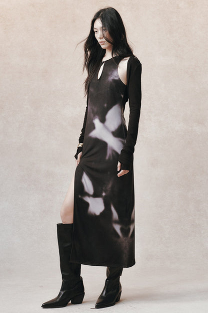 Completo con abito qipao in mesh stampato ombra inchiostro scuro