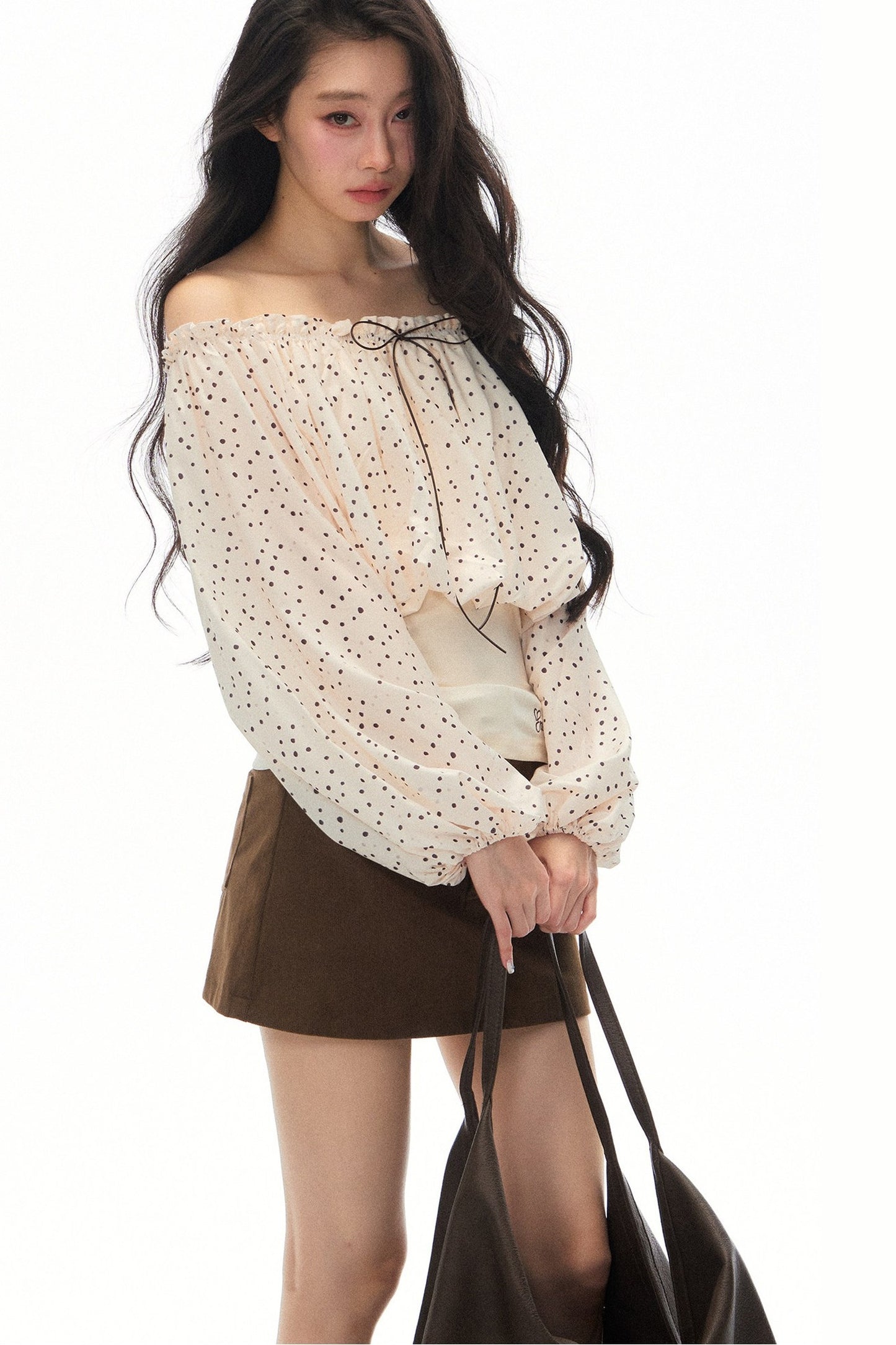 Polka Dot Off-Shoulder Chiffon Top and Skirt Set-Up