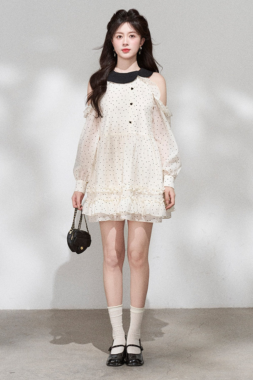 Off-Shoulder Polka Dot Chiffon Dress