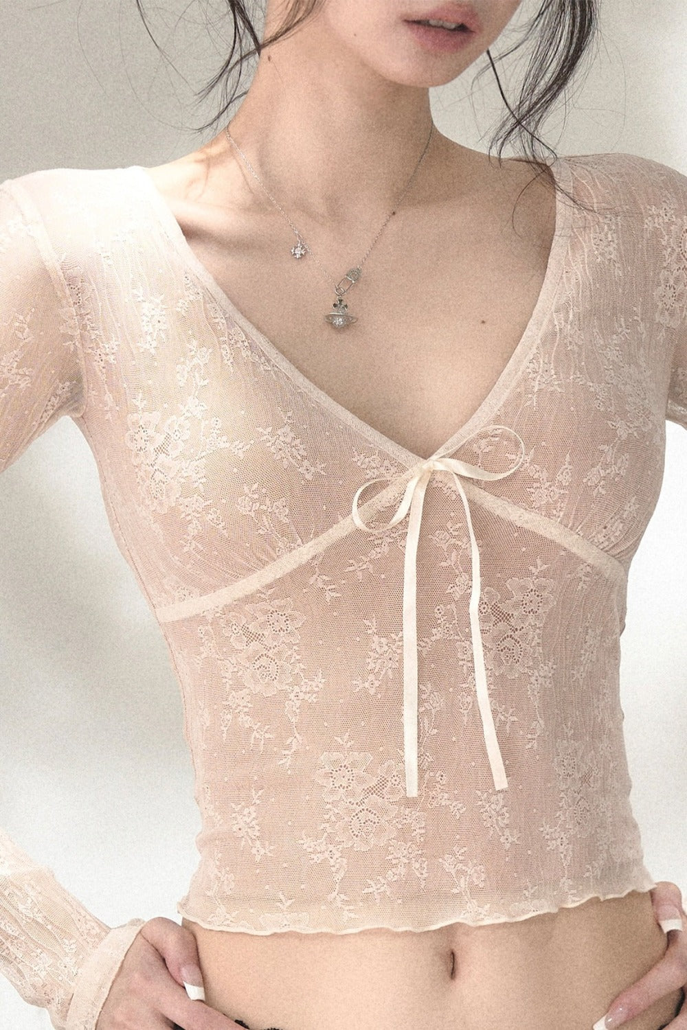 V-Neck Bow Tie Lace Top