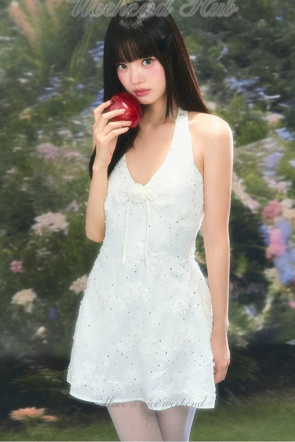 Three-Dimensional Floral Halter Dress Set-Up