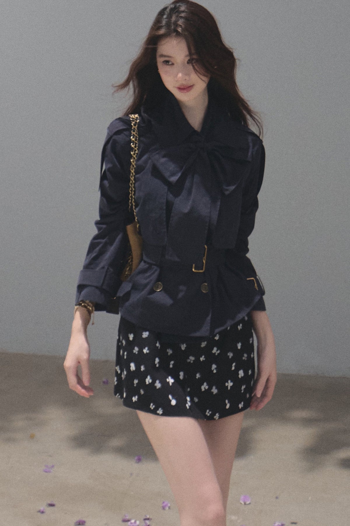 Serenity Blue Bow Tie Hunting Trench Coat And Skirt Set-Up