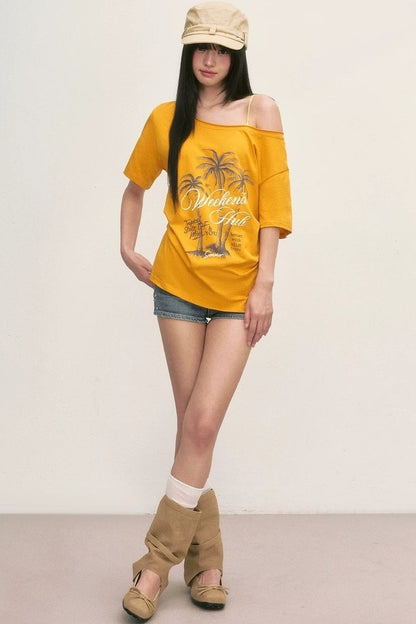 Palm Tree Graphic Off-Shoulder Lace-Up T-Shirt