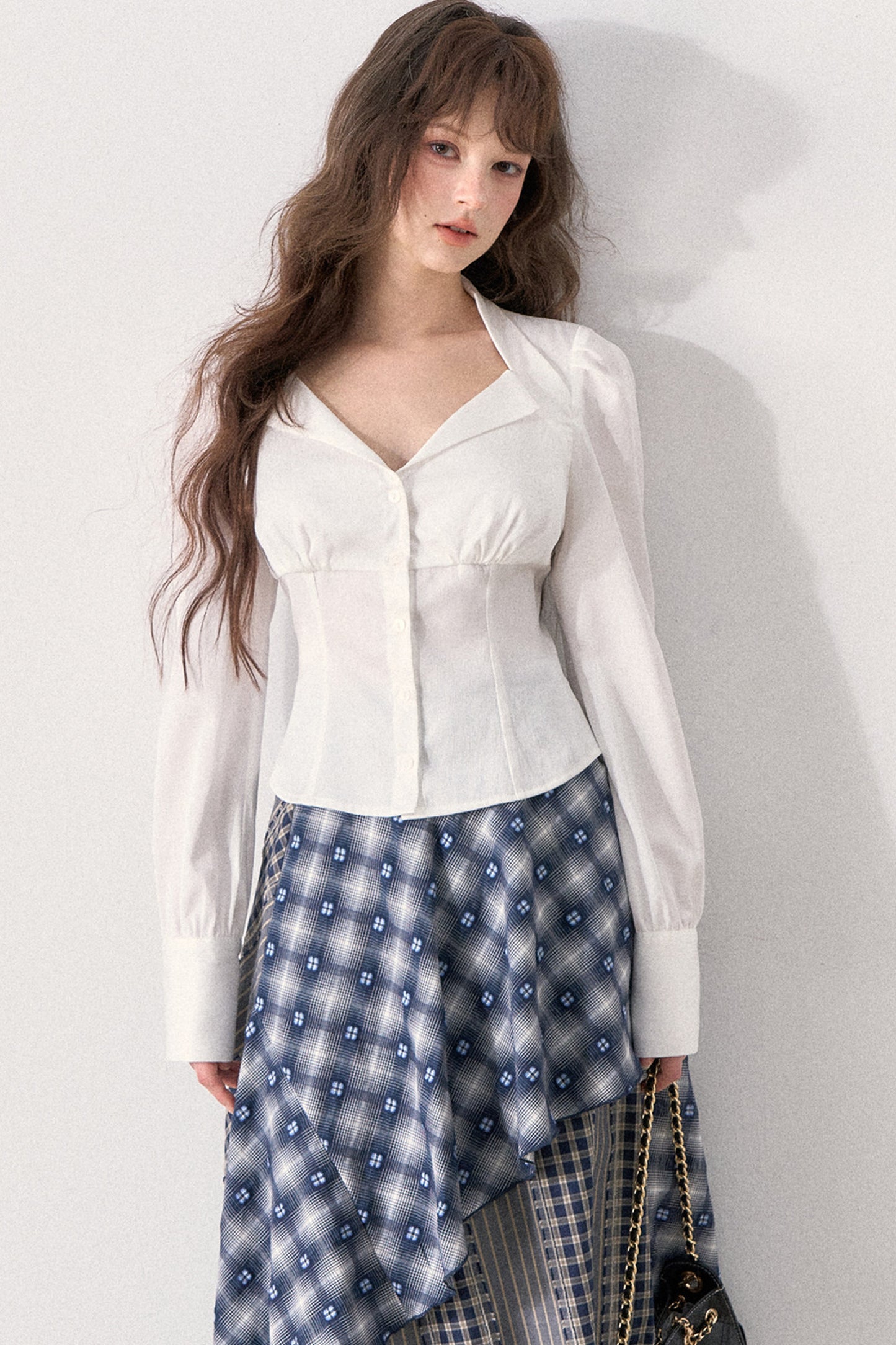 White Shirt and Denim Waistband Asymmetrical Plaid Skirt Set-Up