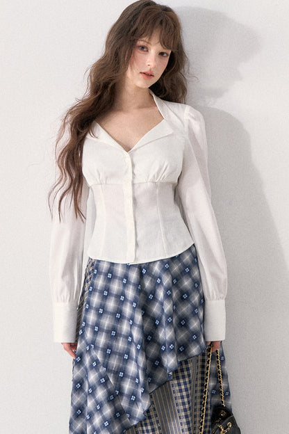 White Shirt and Denim Waistband Asymmetrical Plaid Skirt Set-Up