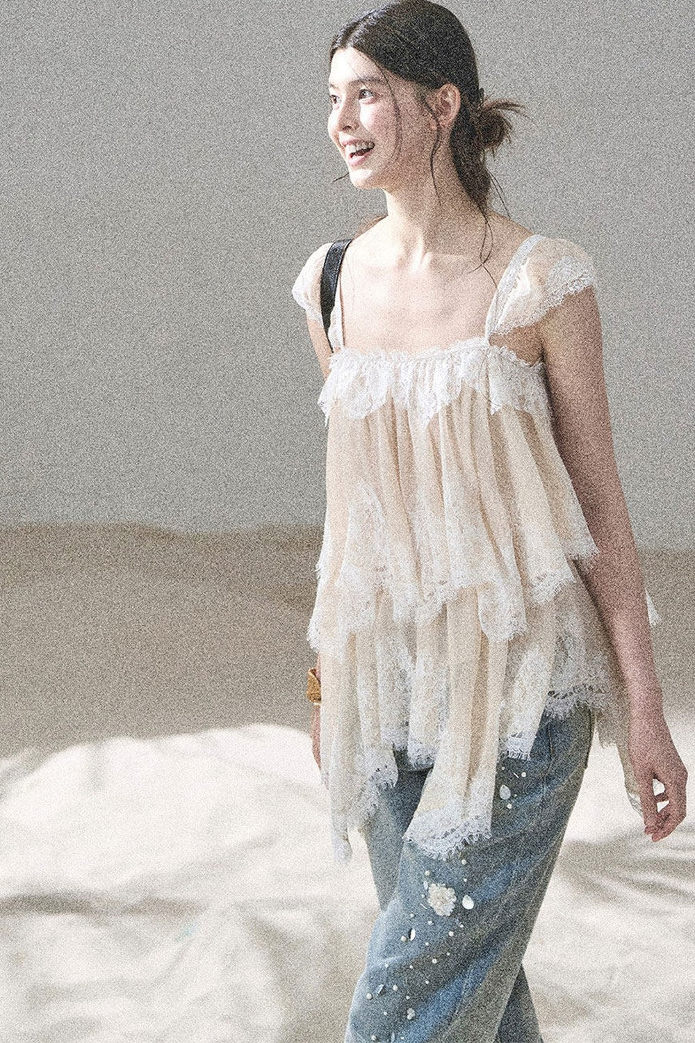 Asymmetric French Lace Mesh Top Set