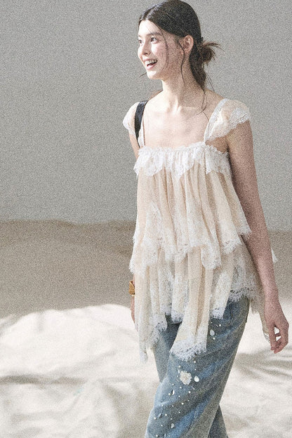 Asymmetric French Lace Mesh Top Set