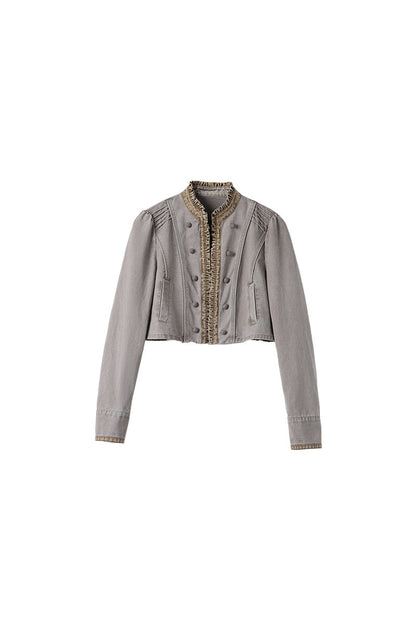Vintage Patchwork Ruffled Placket Short Jacket