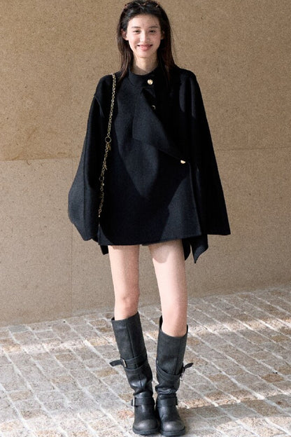 Mid-Length Double-Sided Wool Wrap Cape
